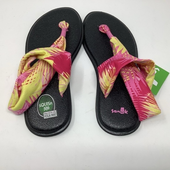Sanuk Yoga Sling Print Sandals Pink and Yellow - Picture 3 of 5